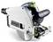 Een Festool TS 60 KEBQ geleiderails zaag met een rond zilver zaagblad, ergonomische handgrepen en precisie zaagontwerpelementen.