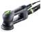 Een zwarte en groene Festool Rotex schuurmachine met een stroomkabel en ergonomische handgreep, ontworpen voor veelzijdige schuur- en polijstwerkzaamheden.