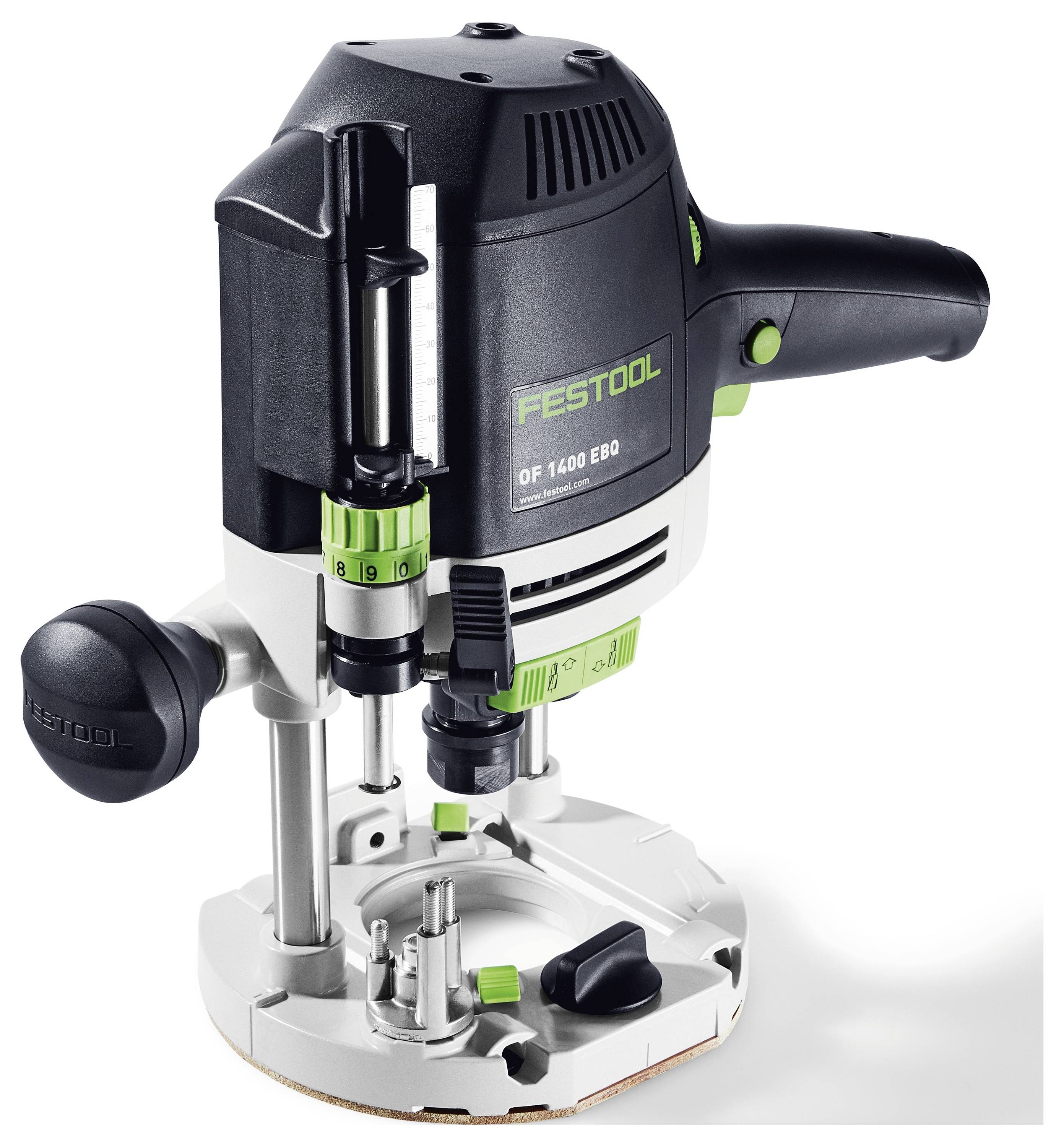 Een zwarte en groene Festool freesmachine met verstelbare dieptestanden, handgrepen en precisiegeleiders, gebruikt voor houtbewerkingstaken.