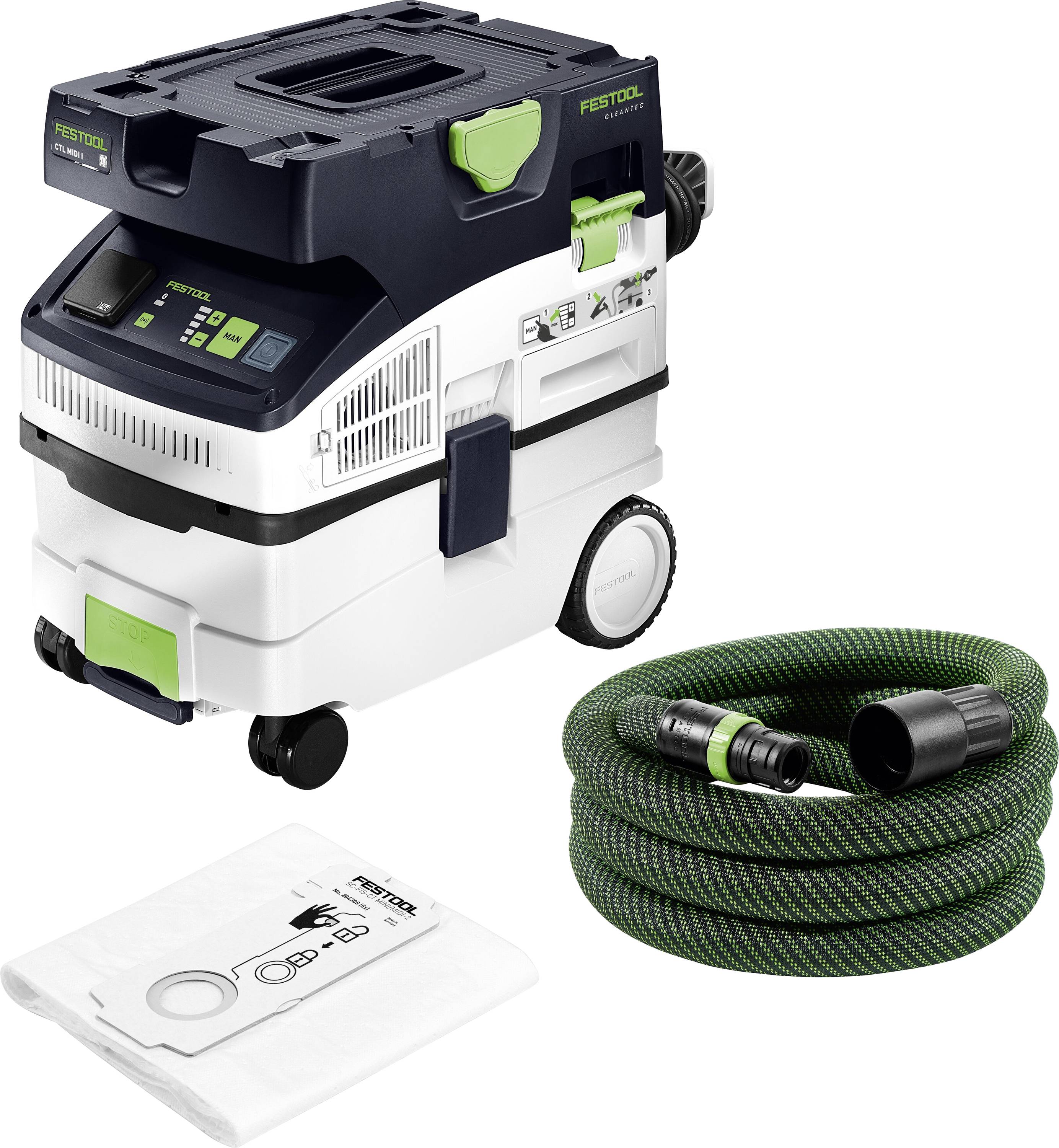 Een Festool stofzuiger met een slang en filterzak, uitgerust met een compacte ontwerp, wielen voor mobiliteit en digitale bedieningselementen op het voorpaneel.