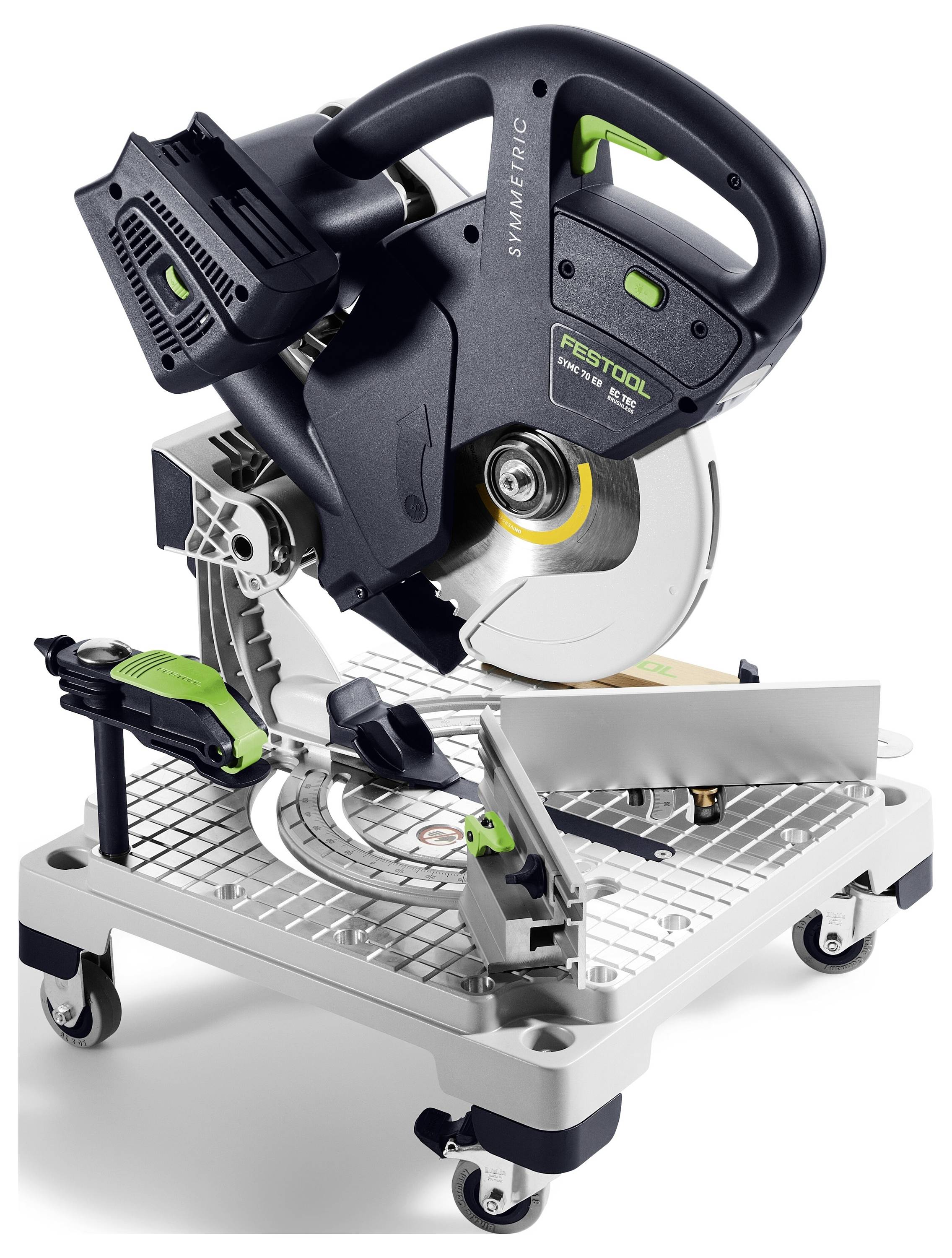 'Een zwarte en zilveren Festool cirkelzaag gemonteerd op een mobiel onderstel met wielen, voorzien van een grote cirkelzaag-zaagblad en een ergonomische handgreep.'