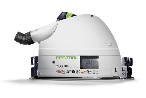 Een Festool TS 75 EBQ cirkelzaag in zijaanzicht, met nadruk op zijn compacte ontwerp, handgreep en bedieningsknoppen.