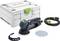 Een Festool schuurmachine-set met een schuurmachine, draagkoffer, stroomkabel en schuurschijf wordt tentoongesteld tegen een neutrale achtergrond.
