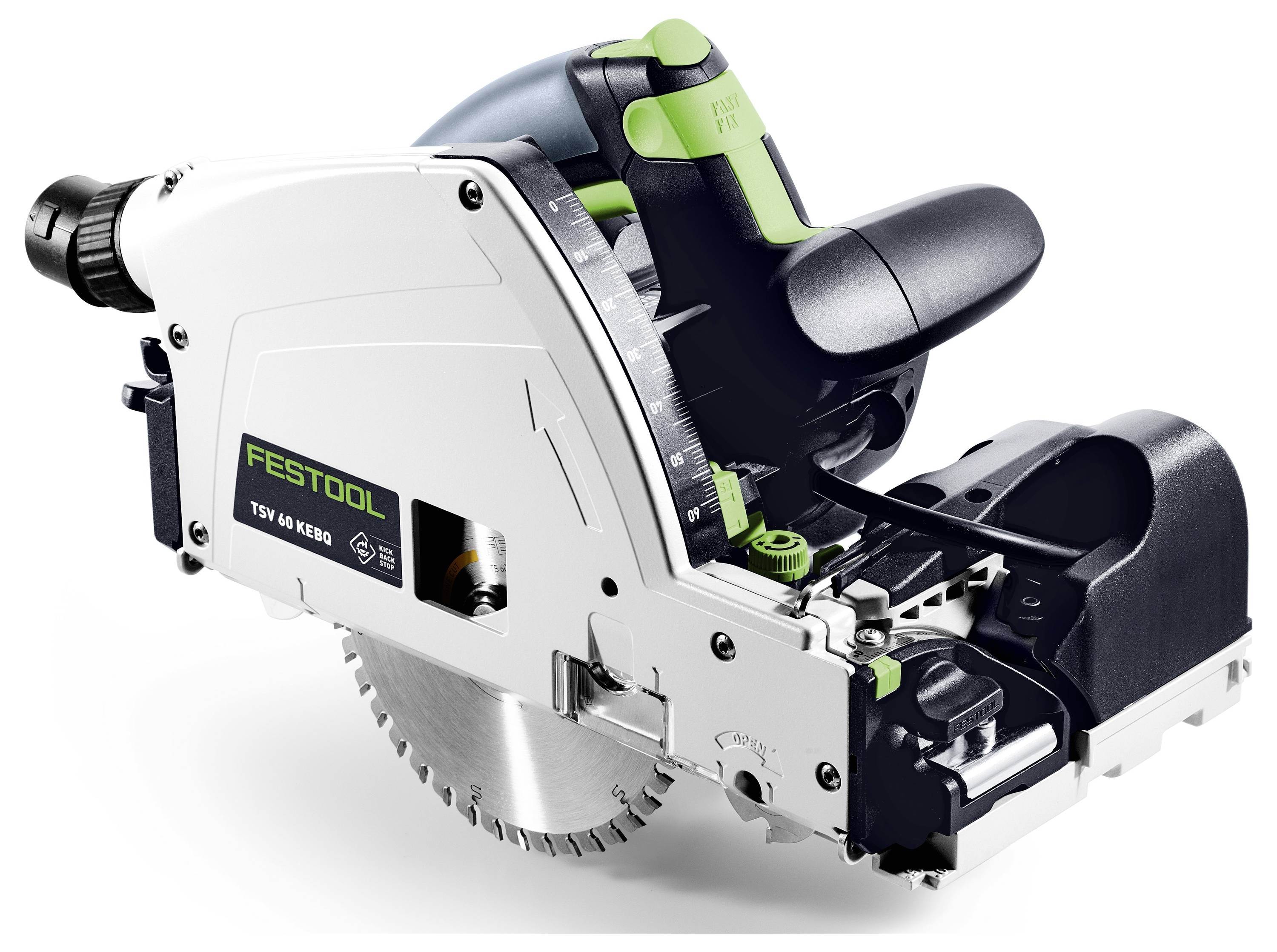Festool TSV 60 KEBQ geleiderail zaag, van dichtbij gefotografeerd met zichtbare bedieningselementen en zaagblad, waarbij de precisie-engineering en ontwerpkenmerken worden benadrukt.