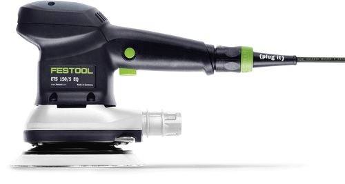 Orbitale schuurmachine met 'FESTOOL' branding, model ETS 150/3 EQ, met een zwart en groen design en aansluiting met stekker.