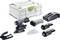 Een schuurgereedschapset met een schuurmachine, twee batterijen, een oplader, schuurpad, stofzak en een opbergkoffer met het label 'Festool'.