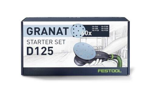 'Festool Granat Starterset D125' doos met afbeelding van een hand die een schuurmachine vasthoudt. Bevat 60 schuurpads in korrelgrootten P180, P220, P320, P400.