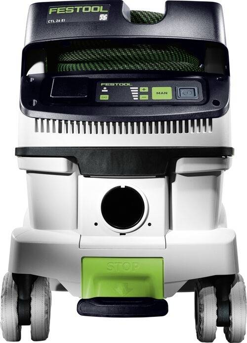Een witte en zwarte Festool CTL 26 E stofzuiger met een groene slang bovenop, ontworpen voor professionele stofafzuiging, vooraanzicht.