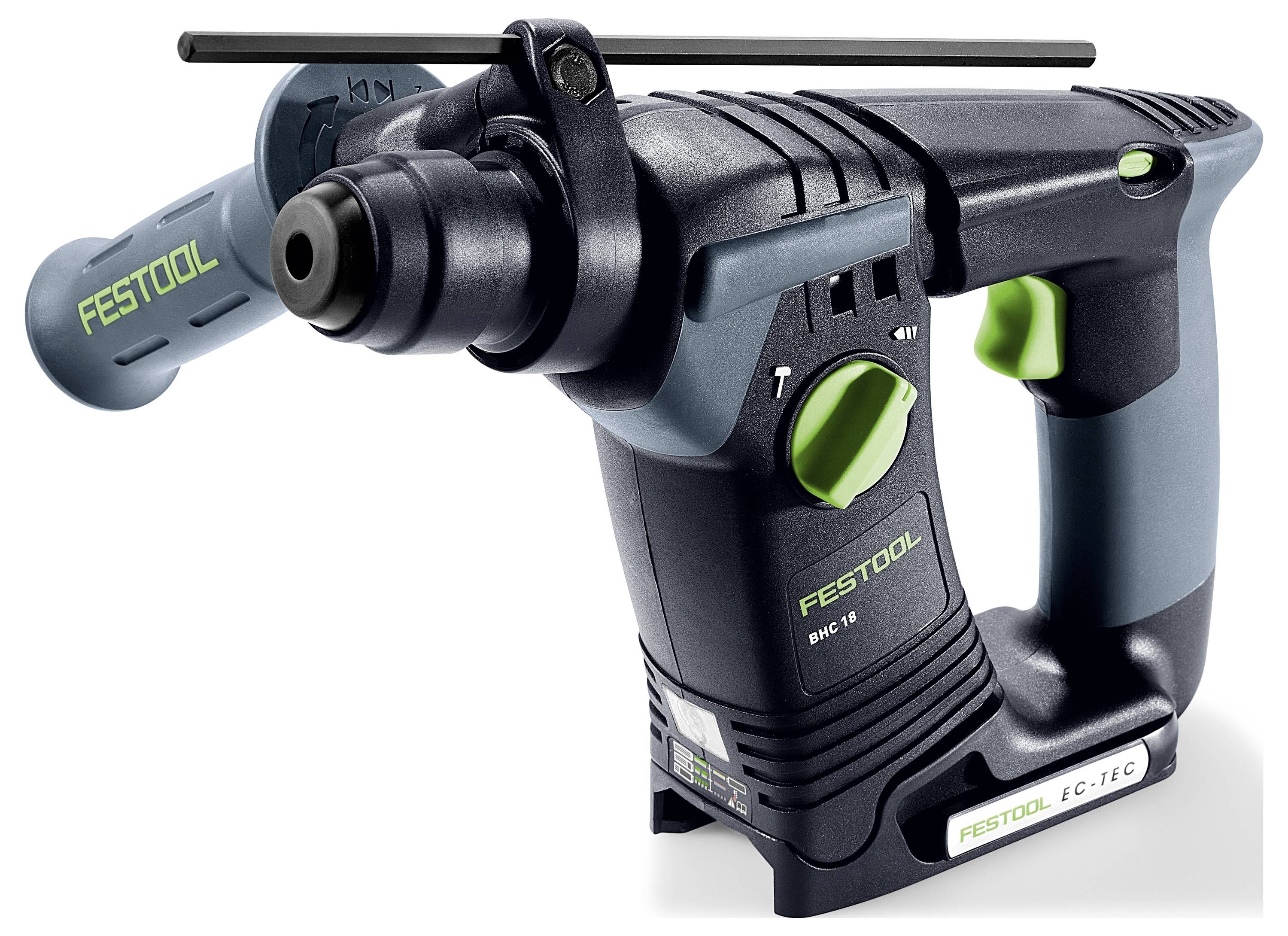 Een blauwe en zwarte accuboormachine met een groene trekker en handgreep voorzien van het 'Festool' label. Hij is ontworpen voor precisie-boringen en constructiewerkzaamheden.