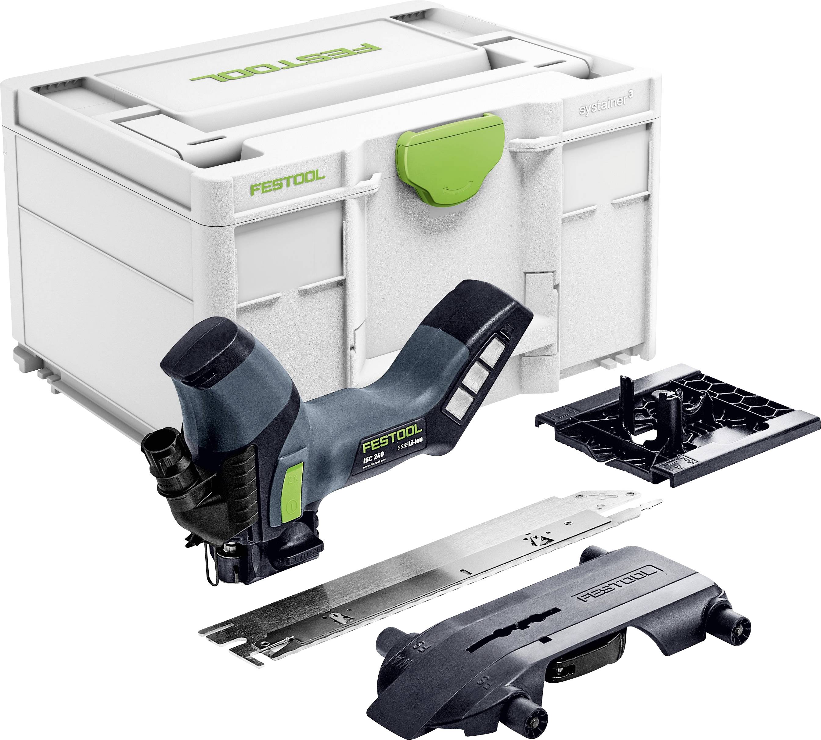 Festool kantenbandensysteem met toebehoren, inclusief een opbergdoos, routerachtige gereedschap en geleiders voor nauwkeurige houtbewerkingstoepassingen.