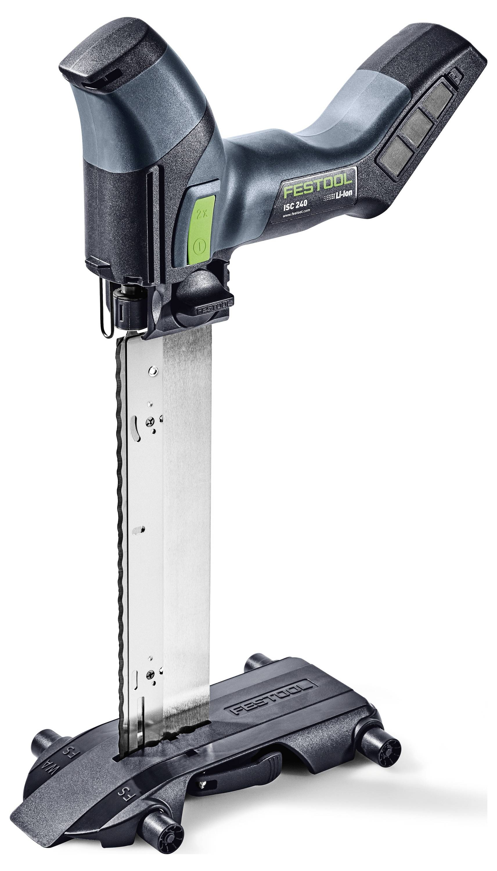 Een zwarte en groene Festool gipsplatenschaar met een verticaal mes en ergonomische handgreep, ontworpen voor nauwkeurig en gemakkelijk snijden.