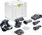 Een Festool schuurgereedschapset met een schuurmachine, twee accu's, oplader, toebehoren en opbergdoos, ontworpen voor professioneel gebruik.