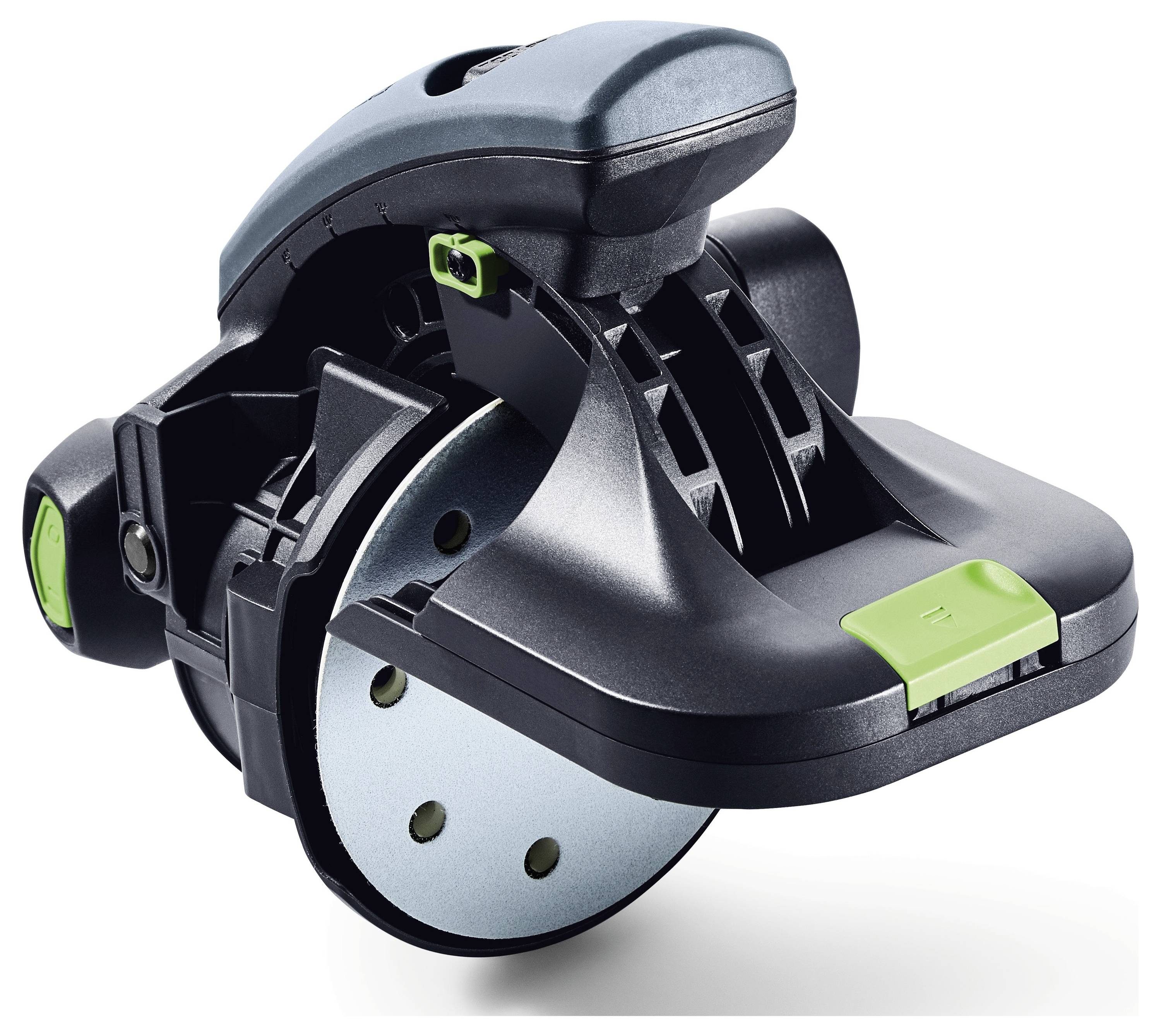 Een handmatige elektrische schuurmachine met een rond schuurschijfje, ergonomische handgreep en limoengroene accenten, ontworpen voor houtbewerking en oppervlakteafwerking.