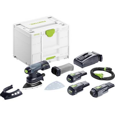 Een schuurmachine-set bevat een Festool schuurmachine, twee batterijen, een oplader, een stofzak, een kabel en een witte opbergdoos met groene accenten.