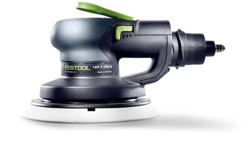 Een Festool LEX 3 150/5 excentrische schuurmachine, weergegeven in profiel, met een groene accentkleur en zwarte behuizing, typisch gebruikt voor glad schuren.