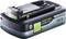Lithium-ionaccu met 'Festool Li-HighPower 18V 4.0 Ah AIRSTREAM' branding, waarbij aansluitsleuven en een centrale groene knop te zien zijn.