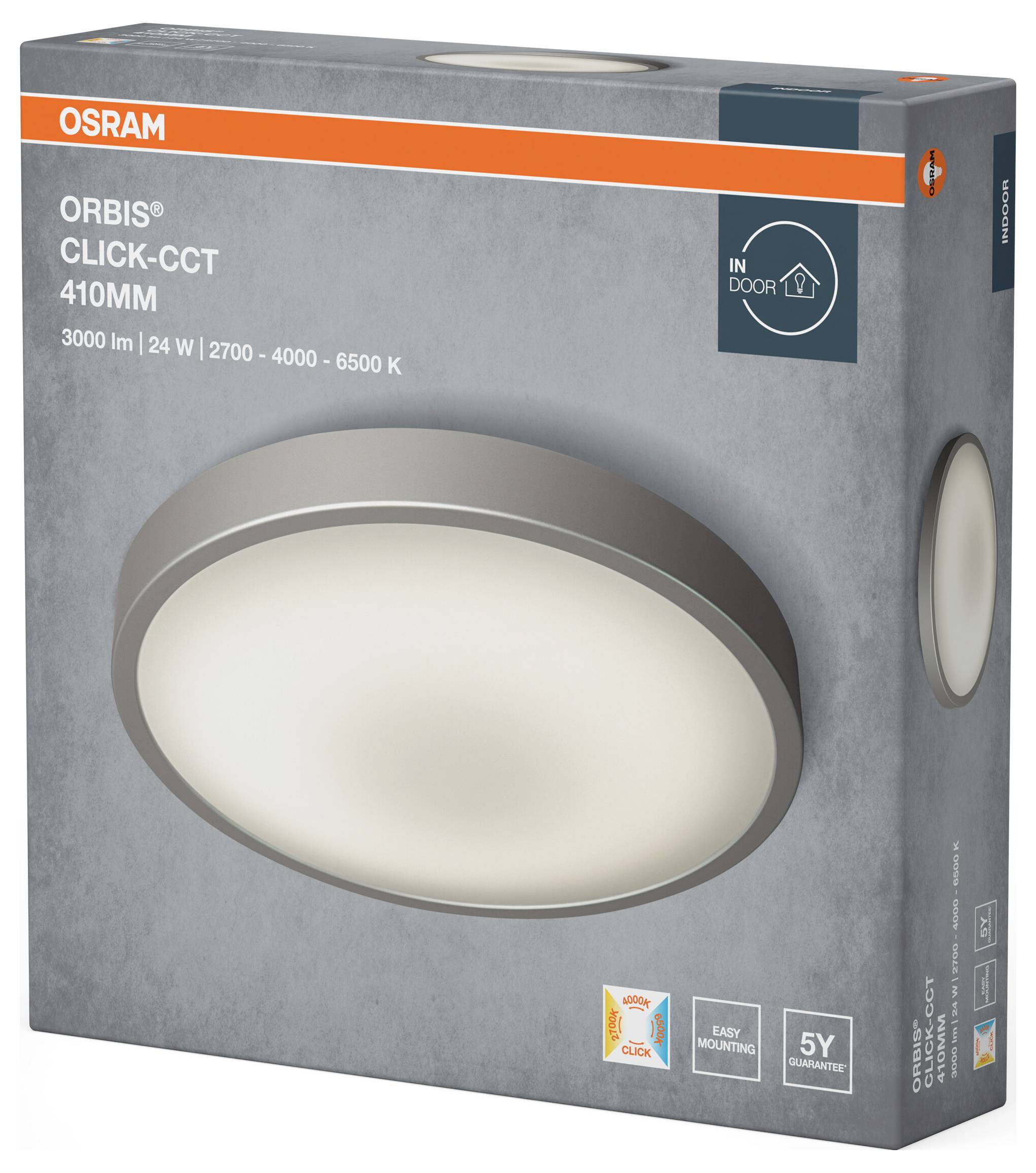 Een doos geëtiketteerd als 'OSRAM Orbis Click-CCT 410mm' bevat een afbeelding van een ronde binnenverlichting, met specificaties van 3000 lm, 24 W, en 2700-6500 K.