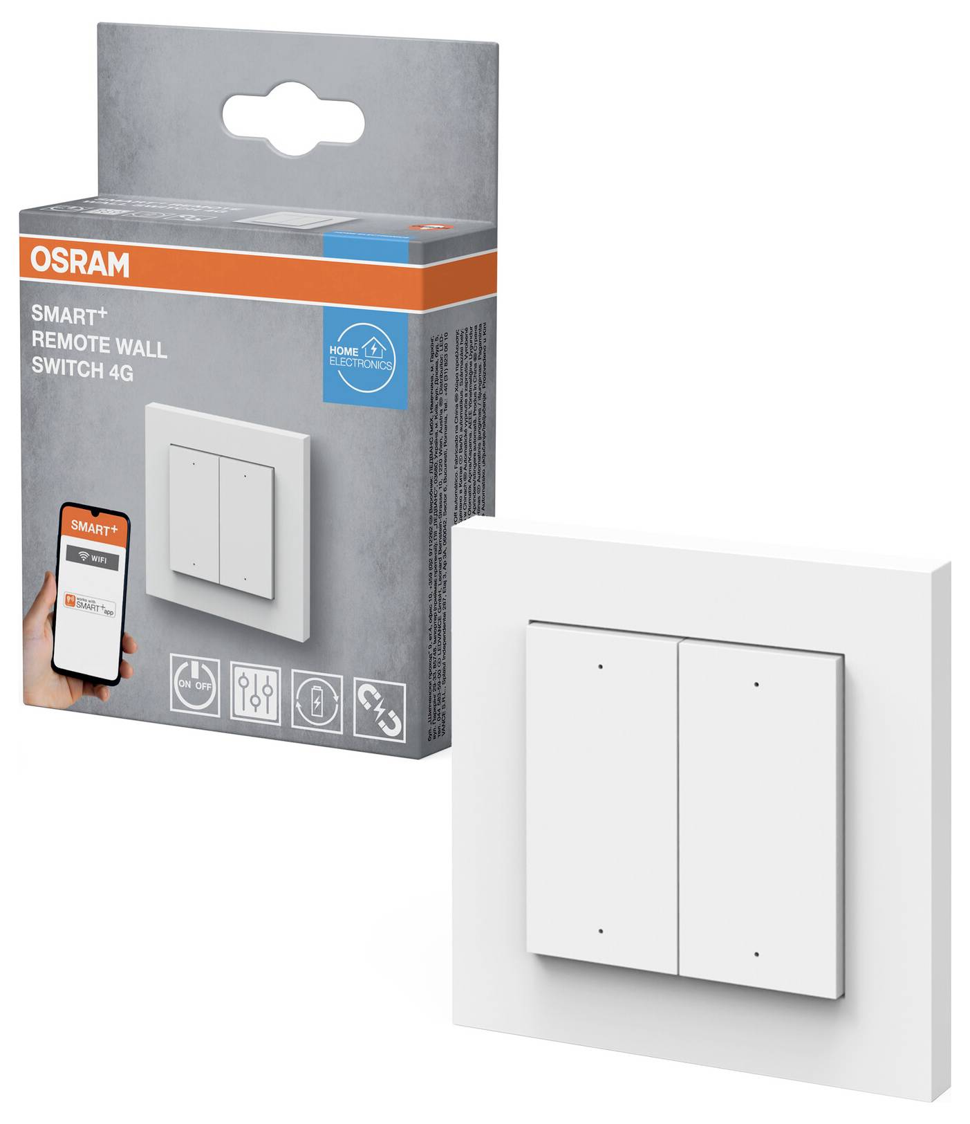Doos en productafbeelding van de Osram Smart+ Wandschakelaar op afstand 4G. De verpakking benadrukt de compatibiliteit met slimme apparaten.