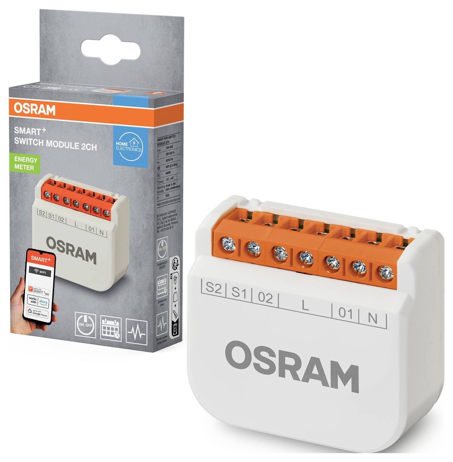 Osram slimme schakelmodule 2CH met energiemeter, inclusief verpakking en moduleontwerp met aansluitklemmen, geschikt voor domotica.