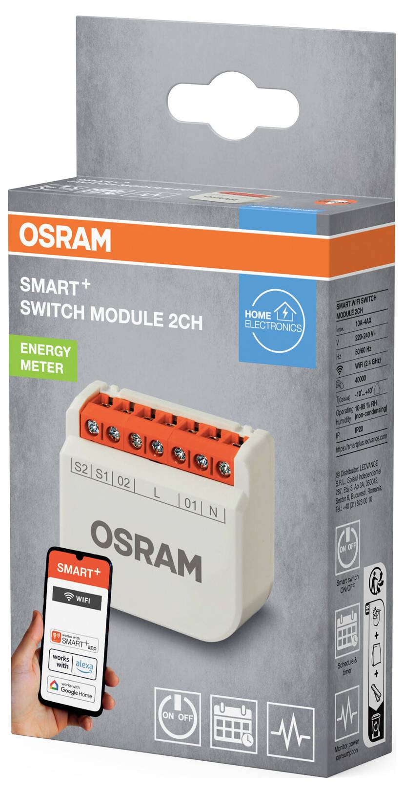 'OSRAM Smart+ Schakelmodule 2-kanaals Energiemeter' verpakking toont een digitale interface-afbeelding op de voorkant, die smartphoneverbinding aangeeft.
