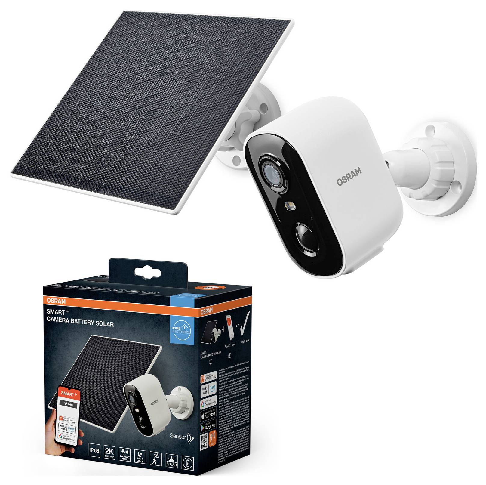 Een zonnepaneel-aangedreven beveiligingscamera met verpakking waarop het merk "Osram" staat, met functies zoals slimme connectiviteit en batterijvoeding.