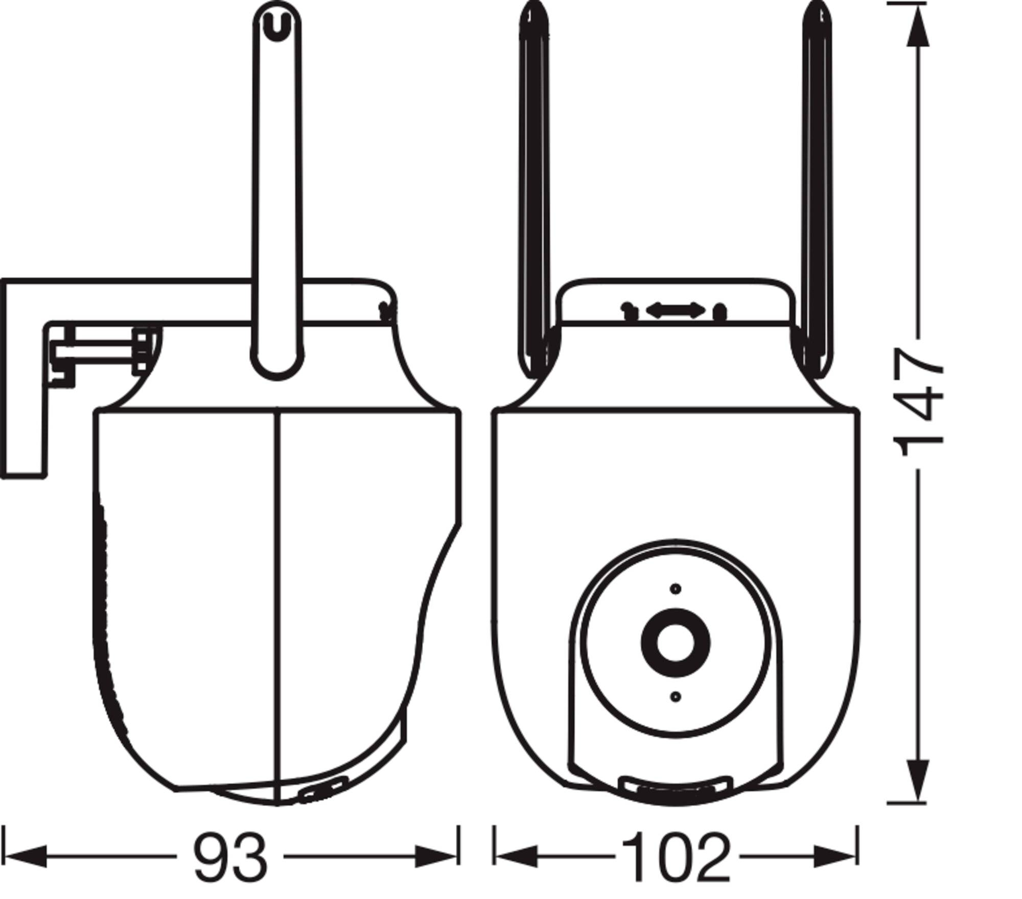 Voor- en zijaanzicht diagram van een beveiligingscamera met afmetingen 93 mm (breedte), 102 mm (diepte) en 147 mm (hoogte), plus antennes.