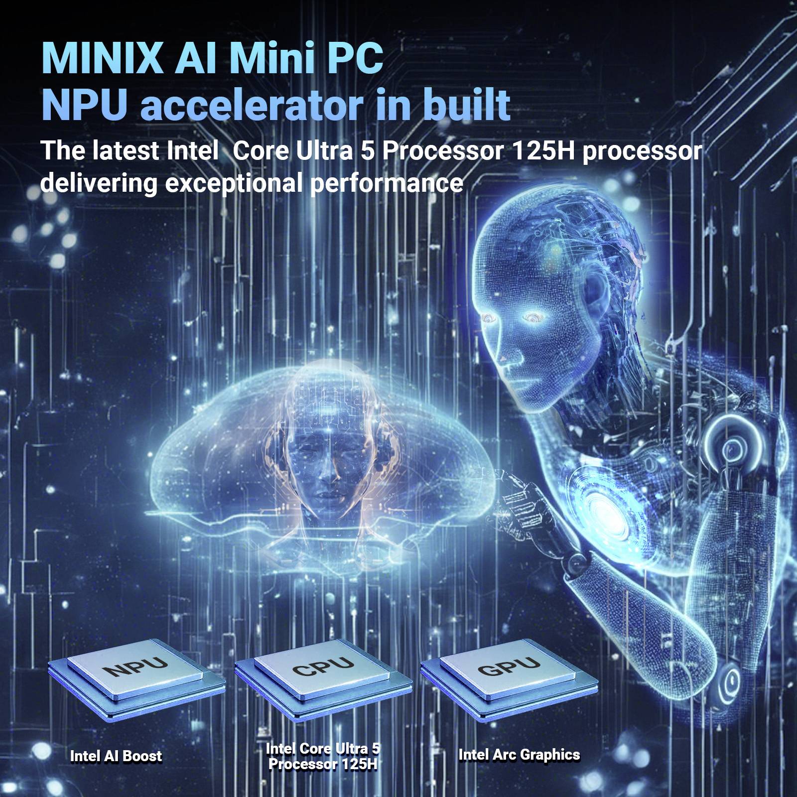 Een futuristische digitale afbeelding toont een blauw AI-figuur dat interageert met een gloeiende CPU. De tekst belicht de 'MINIX AI Mini PC' en Intel-componenten.