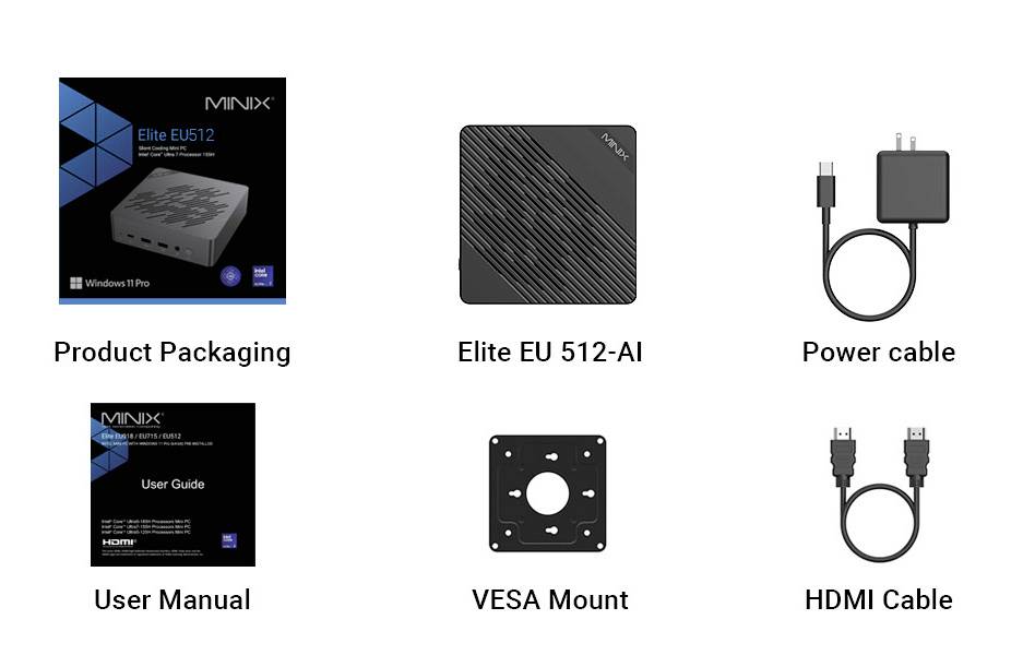 'MINIX Elite EU512' verpakking, apparaat, stroomkabel, gebruikershandleiding, VESA-montagesteun, HDMI-kabel. Componenten voor digitale apparaatinstallatie.