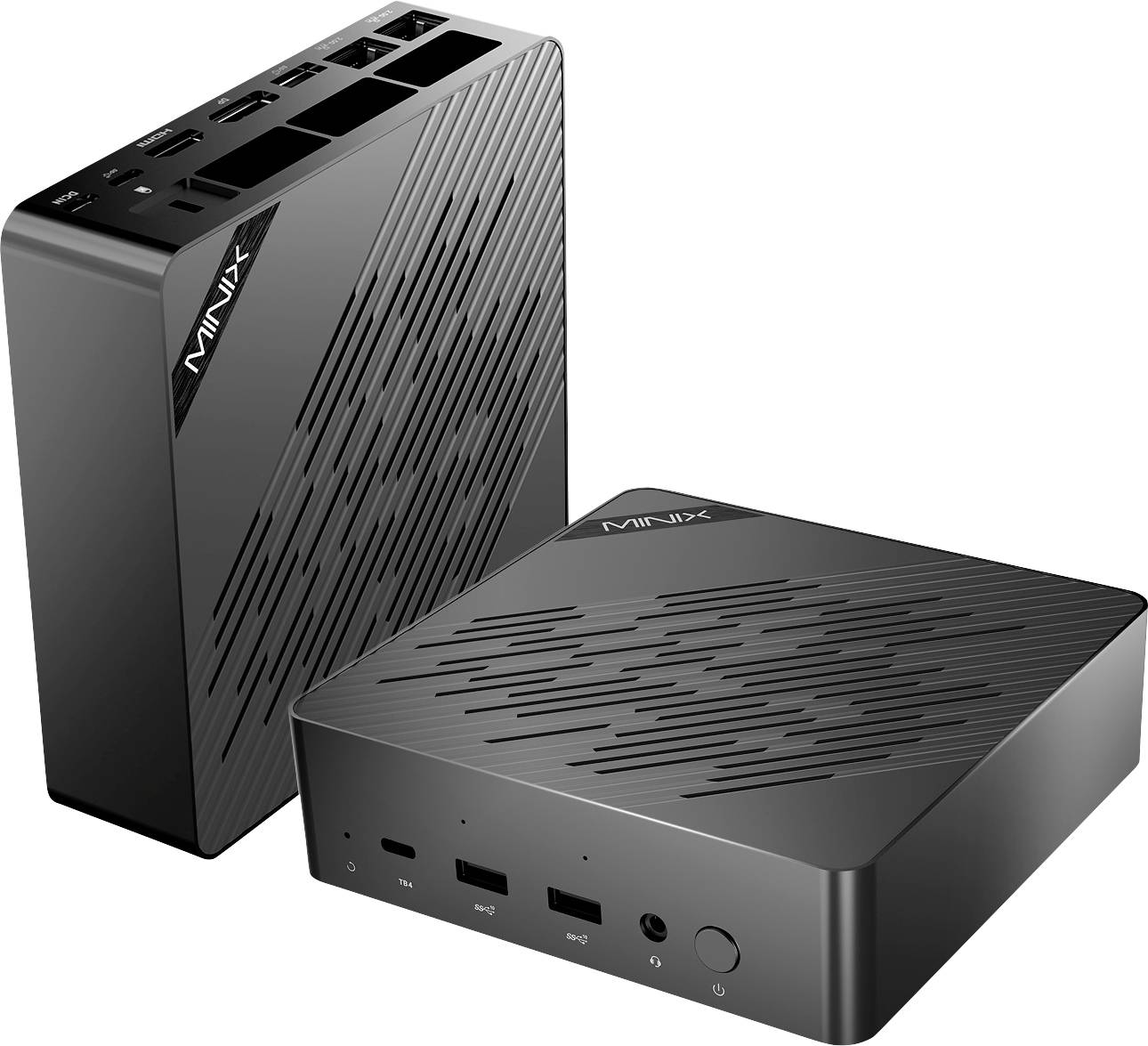 'MINIX' gemerkte zwarte mini-pc's; één staat rechtop waarbij de poorten zichtbaar zijn, de andere ligt plat met een gepatroneerdoppervlak.