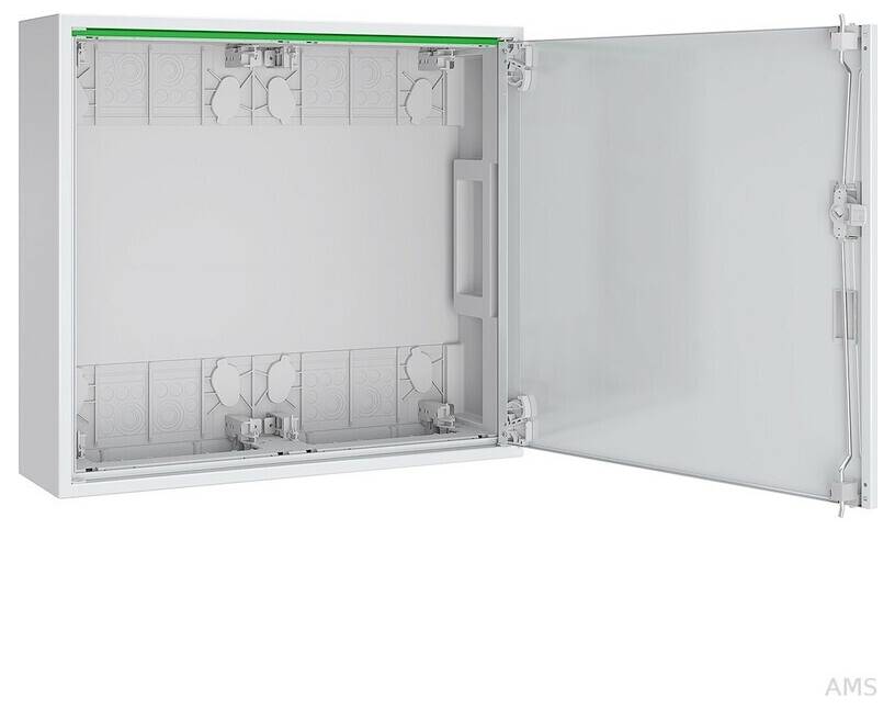 Open elektrisch paneel met scharnierend deur, met zichtbare interne montageruimte en bedradingscompartimenten.