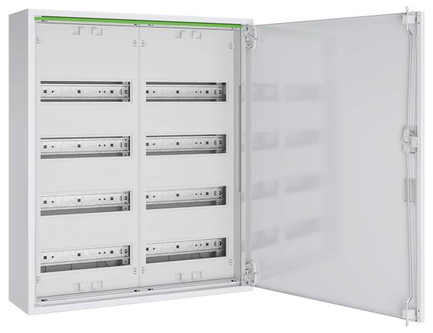 Een open elektrische kast met meerdere lege sleuven voor installatieautomaten, waarbij de montagerails binnenin zichtbaar zijn, en een transparante voordeur.