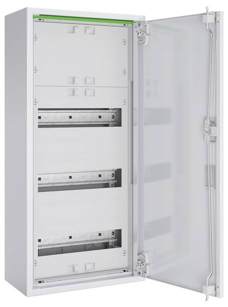 Een hoge, open elektrische kast met meerdere montageruimtes, scharnierende glazen deur en metalen scharnieren.