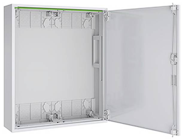 Een open, lege metalen elektrische behuizing met een transparante deur, waarbij de interne montagesecties en scharnieren zichtbaar zijn.