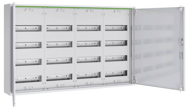 Een open elektrische verdeelkast met meerdere rijen lege sleuven voor installatieautomaten. De deur zit aan de rechterkant met een scharnier.