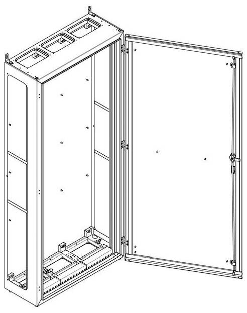 De afbeelding toont een lijntekening van een open metalen kast met een deur die op een kier staat, waarbij het binnenframe zichtbaar is dat is ontworpen voor het bevestigen van apparatuur.