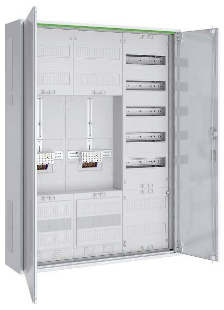 Open elektrische kast met verschillende circuits en bekabelingsopstellingen netjes georganiseerd binnen een metalen behuizing.