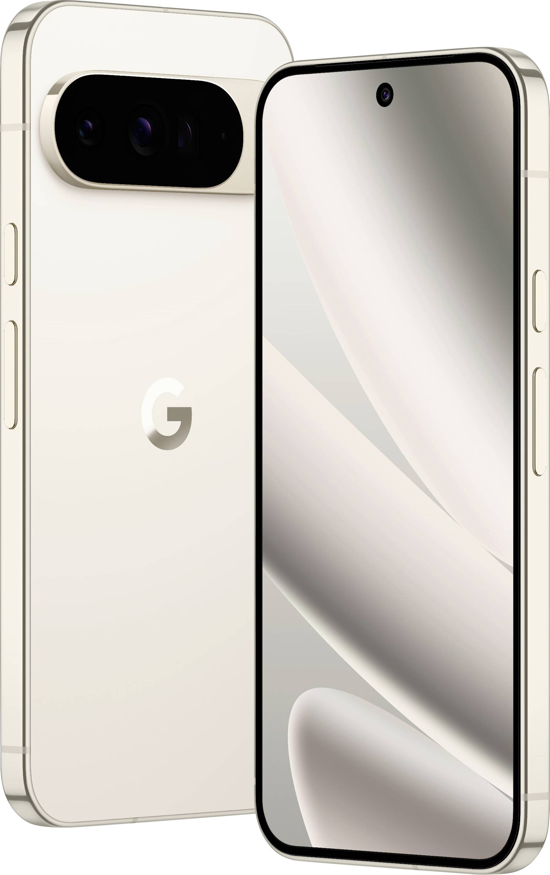 Voor- en achteraanzicht van een beige smartphone met een 'G'-logo. Het voorste scherm toont een minimalistisch abstract behang.