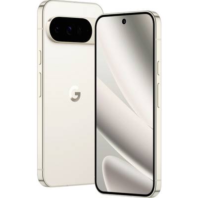 Voor- en achteraanzicht van een beige smartphone met een 'G'-logo. Het voorste scherm toont een minimalistisch abstract behang.