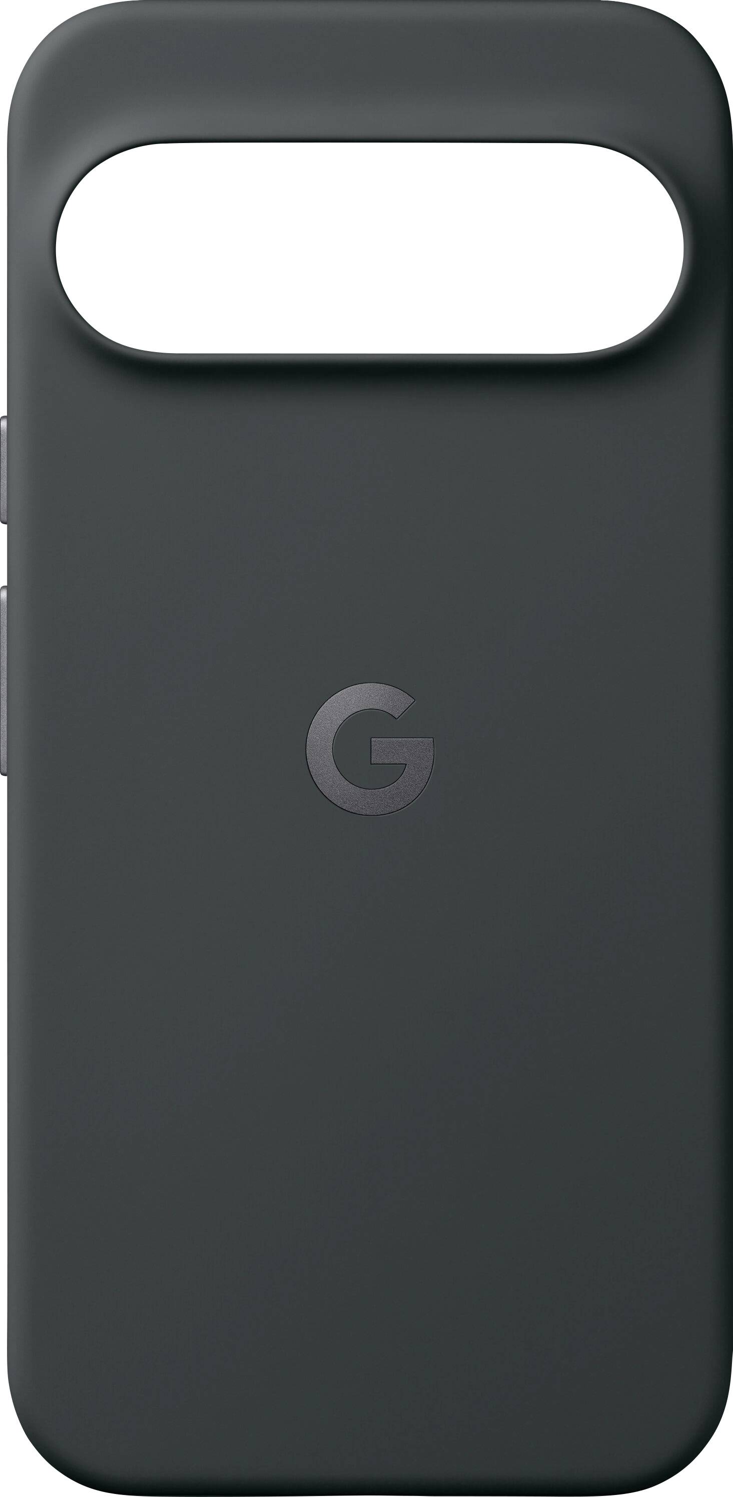 Donkergrijze Google-telefoonhoes met een uitsparing voor de camera en zijkanten met zichtbare knoppen.