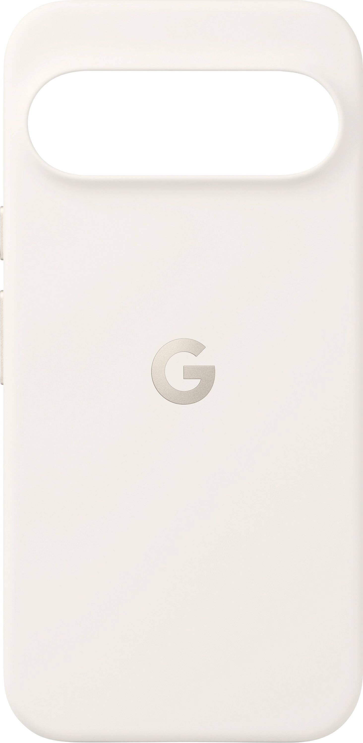 Een beige smartphone hoesje met een grote uitsparing voor de camera en een 'G' logo in het midden.