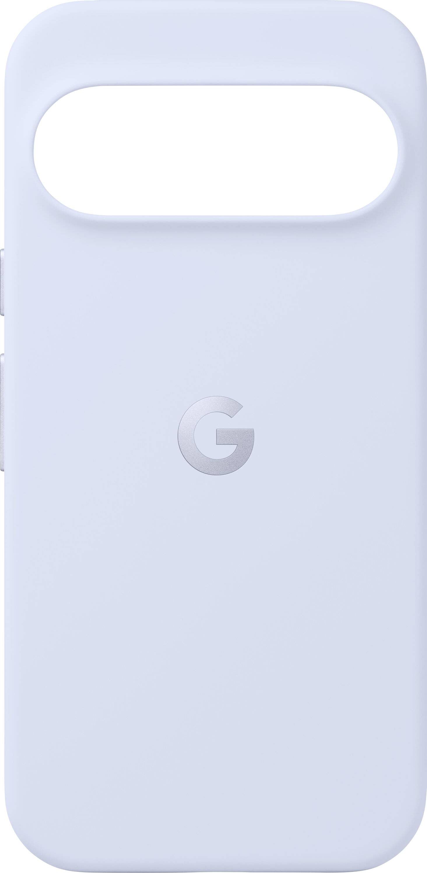 Lichtblauwe telefoonhoes met een uitsparing voor de camera en een 'G'-logo gecentreerd in het midden.