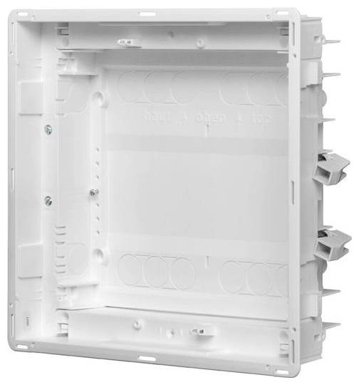 Een open witte elektrische verdeeldoos met meerdere invoerpunten, ontworpen voor bekabelingsaansluitingen in muren of plafonds.