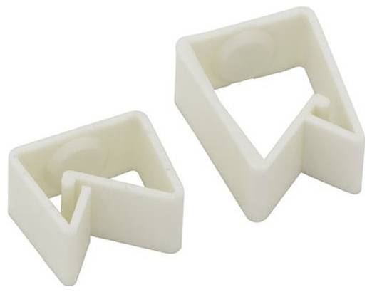 Twee witte, driehoekige, kunststof clips met een gekartelde rand, ontworpen om te grijpen. Ze zijn klein en worden waarschijnlijk gebruikt voor het bevestigen van dunne materialen.