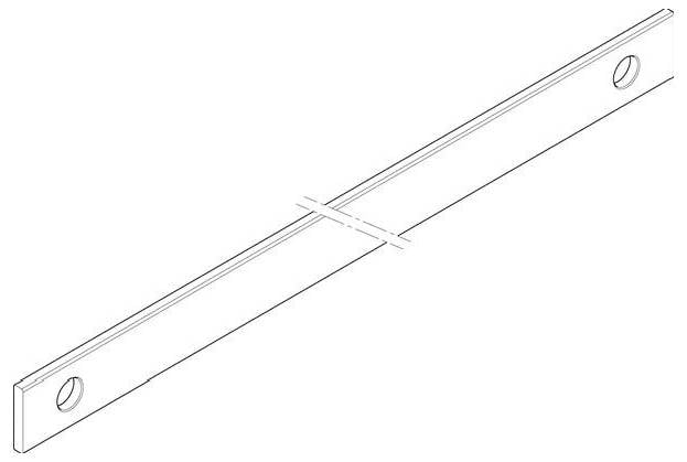 Illustratie van een rechthoekige metalen balk met een gat aan elk uiteinde, typisch gebruikt in de bouw of techniek voor constructieve ondersteuning.