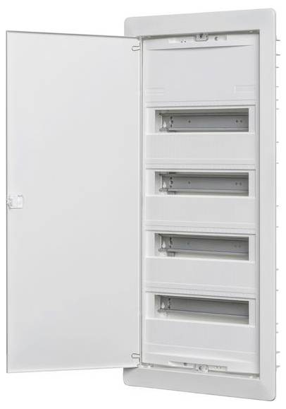 Een geopend elektrisch paneelbord met vijf lege slotverdelers, elk met ruimte voor extra stroomcomponenten, ondergebracht in een witte behuizing.