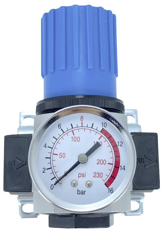 Drukmeter met een blauwe klep, met een bereik van 0 tot 230 psi en 0 tot 16 bar, gebruikt voor het reguleren van luchtdruk.