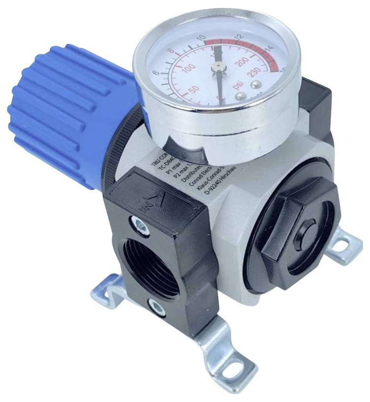 Een pneumatische drukregelaar met een blauwe instelknop en een meetinstrument dat drukniveaus weergeeft van 0 tot 200 psi. De meetinstrument staat ingesteld op 60 psi.
