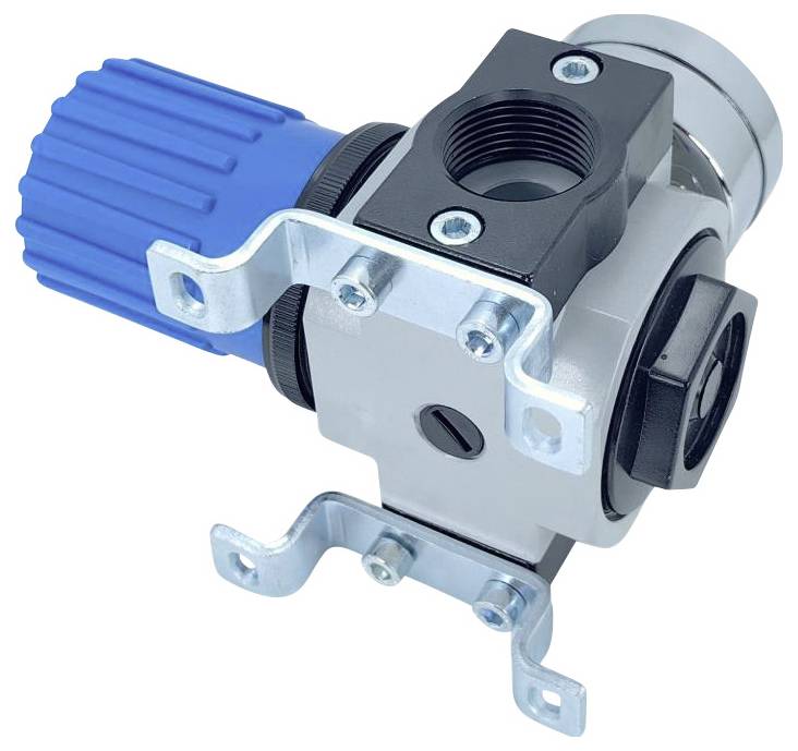 Een blauwe en metalen drukregelaar met bevestigingsbeugels, met een inlaatpoort en een aansluitingspunt voor een manometer, gebruikt in pneumatische systemen.