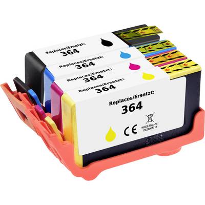 'Vier vervangingsprinterinktcartridges in zwart, cyaan, magenta en geel, gelabeld "Replaces/Ersetzt: 364," op een oranje houder.'