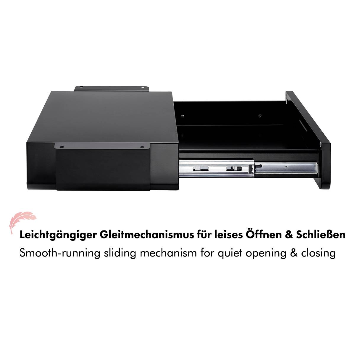 'Een zwarte metalen schuiflade, halfopen, ter illustratie van een soepel glijdend schuifmechanisme voor geruisloos openen en sluiten.'